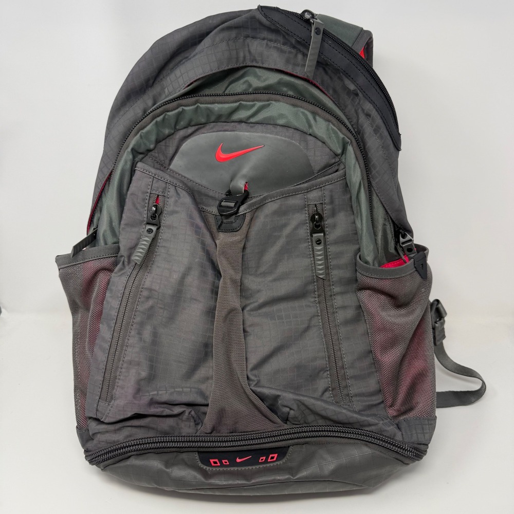 Nike Sport Backpack Grey Red Ripstop Multi-Pocket Shoe Compartment Training Bag